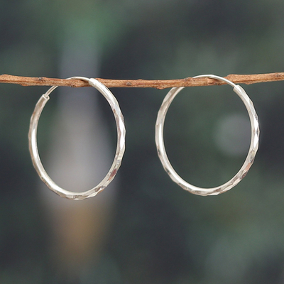 Sterling silver hoop earrings, 'Casual Chic' - Faceted Classic Sterling Silver Hoop Earrings from India