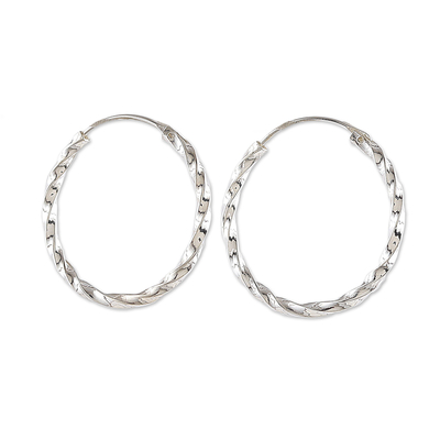 Sterling silver hoop earrings, 'Trendy Torsade' - Torsade Polished Sterling Silver Hoop Earrings from India