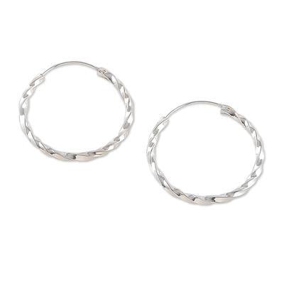 Sterling silver hoop earrings, 'Trendy Torsade' - Torsade Polished Sterling Silver Hoop Earrings from India