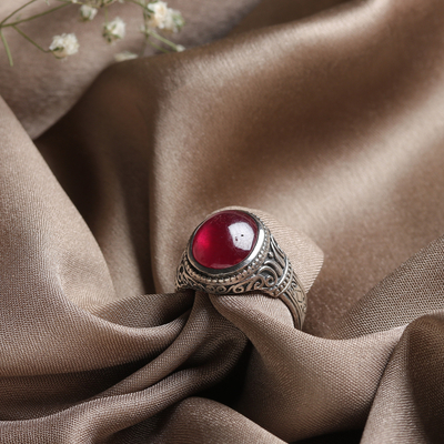 Men's ruby single stone ring, 'Handsome Appeal' - Men's Ruby Silver Single Stone Ring with Swirl Motifs