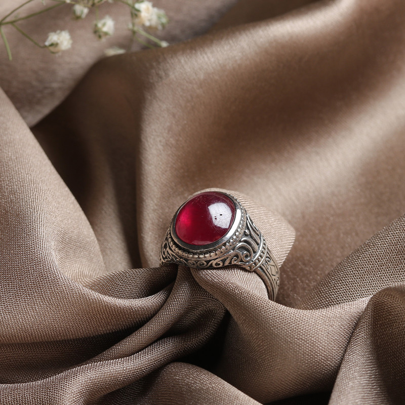 Men's Ruby Silver Single Stone Ring with Swirl Motifs