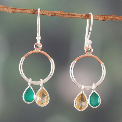 Citrine and onyx dangle earrings, 'Vital Drops' - Two-Carat Citrine and Onyx Dangle Earrings from India