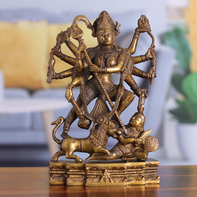 Brass sculpture, 'Sacred Durga' - Antique-Finished Traditional Hindu Brass Sculpture of Durga