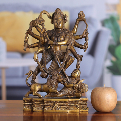 Brass sculpture, 'Sacred Durga' - Antique-Finished Traditional Hindu Brass Sculpture of Durga