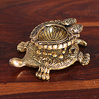 Escultura de latón, 'Guía apasionada' - Escultura clásica de latón Ganesha y Lakshmi en forma de tortuga