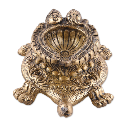 Brass sculpture, 'Passionate Guide' - Classic Turtle-Shaped Ganesha and Lakshmi Brass Sculpture