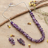 Amethyst jewellery set, 'Spiritual Fragments' - Classic Amethyst Beaded Necklace and Earrings jewellery Set