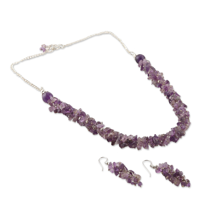 Amethyst-Schmuckset, „Spirituelle Fragmente“ – klassisches Amethyst-Perlen-Halsketten- und Ohrringe-Schmuckset