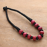 Wood beaded necklace, 'Boho Bubbles in Fuchsia' - Bohemian Painted Fuchsia and Black Wood Beaded Necklace