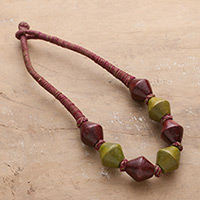 Wood beaded necklace, 'Tribal Dimension' - Geometric Green and Brown Haldu Wood Beaded Necklace