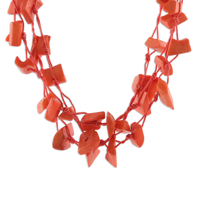 Painted station strand necklace, 'Bohemian Orange' - Handmade Painted Orange Station Strand Necklace from India