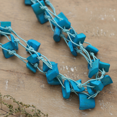 Painted station strand necklace, 'Bohemian Sky' - Handmade Painted Sky Blue Station Strand Necklace from India