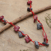 Cotton station necklace, 'Intrepid Red' - Handcrafted Red and Grey Cotton Station Necklace