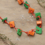 Cotton station necklace, 'Intrepid Summer' - Handcrafted Orange and Green Cotton Station Necklace