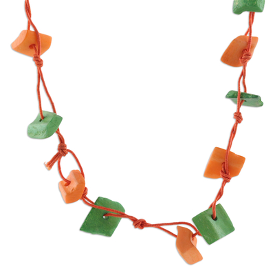 Cotton station necklace, 'Intrepid Summer' - Handcrafted Orange and Green Cotton Station Necklace