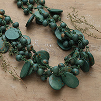 Cotton beaded strand necklace, 'Harmonious Bohemian' - Handcrafted Bohemian Green Cotton Beaded Strand Necklace