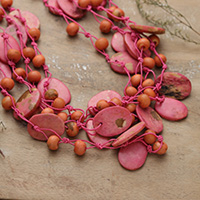 Cotton beaded strand necklace, 'Sweet Bohemian' - Bohemian Pink and Orange Cotton Beaded Strand Necklace