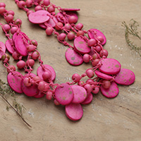 Cotton beaded strand necklace, 'Stylish Bohemian' - Handcrafted Bohemian Pink Cotton Beaded Strand Necklace