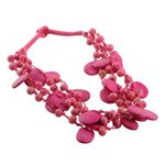 Cotton beaded strand necklace, 'Stylish Bohemian' - Handcrafted Bohemian Pink Cotton Beaded Strand Necklace