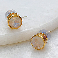 Gold plated rainbow moonstone stud earrings, 'Misty World'
