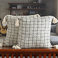 Cotton blend cushion covers, 'Ivory Appeal' (pair) - Pair of Tattersall Ivory Cotton Blend Cushion Covers