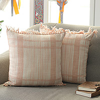 Cotton cushion covers, 'Passionate Peach' (pair) - Peach and Vanilla Fringed Cotton Cushion Covers (Pair)