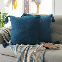 Cotton cushion covers, 'Peacock Tassels' (pair) - Pair of Peacock-Toned Cotton Cushion Covers with Tassels