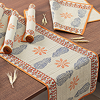 Cotton table runner and placemat set, 'Tangerine Palace' (7 pieces) - Tangerine and Ivory Table Runner and Placemats (7 Pieces)