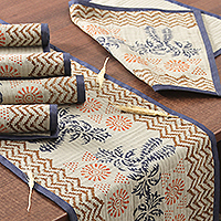 Cotton table runner and placemat set, 'Azure Palace' (7 pieces) - Azure and Ivory Table Runner and Placemats (7 Pieces)