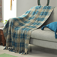 Cotton throw, 'Tattersall Blue' - Tattersall-Patterned Blue and Ivory 100% Cotton Throw