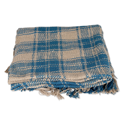 Cotton throw, 'Tattersall Blue' - Tattersall-Patterned Blue and Ivory 100% Cotton Throw