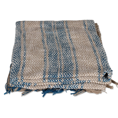 Cotton throw, 'Waves of Serenity' - Striped Blue and Ivory Cotton Throw Crafted in India