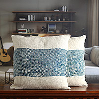 Cotton cushion covers, 'Diamond Petals' (pair) - Diamond-Shaped Floral Blue Cotton Cushion Covers (Pair)