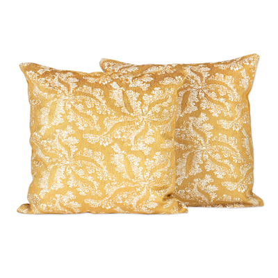 Cotton blend cushion covers, 'Honey Nature' (pair) - Leafy Honey and Ivory Cotton Blend Cushion Covers (Pair)