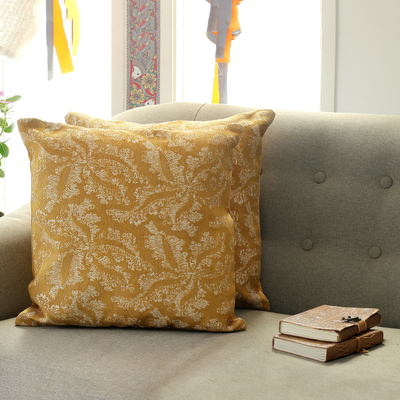 Cotton blend cushion covers, 'Honey Nature' (pair) - Leafy Honey and Ivory Cotton Blend Cushion Covers (Pair)