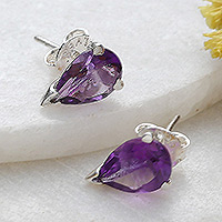 Amethyst stud earrings, 'Purple Gleam' - Faceted Three-Carat Amethyst Stud Earrings Crafted in India