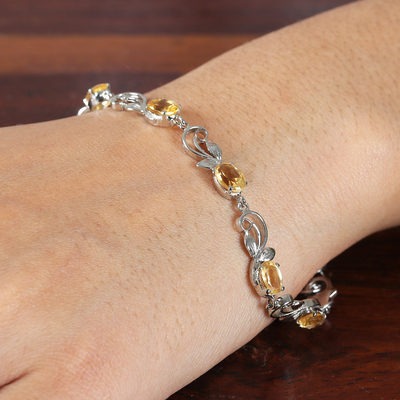 Citrine link bracelet, 'Joyous Shimmer' - Rhodium-Plated and Eight-Carat Natural Citrine Link Bracelet