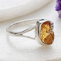 Citrine single stone ring, 'Alluring Magic' - Sterling Silver Single Stone Ring with Freeform Citrine Gem