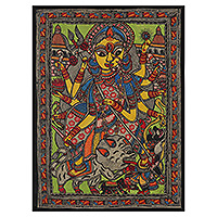 Madhubani painting, 'Powerful Goddess Durga' - Classic Natural Dye Madhubani Painting of Goddess Durga