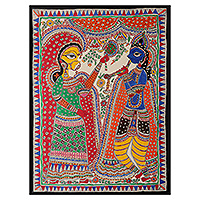 Pintura Madhubani, 'El amor divino de Radha Krishna' - Pintura clásica de tinte natural Krishna y Radha Madhubani