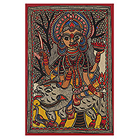 Madhubani painting, 'Durga' - Traditional Natural Dye Goddess Durga Madhubani Painting