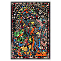 Madhubani painting, 'Radha Krishna II' - Romantic Natural Dye Radha and Krishna Madhubani Painting