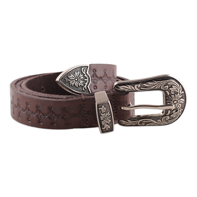 Leather and brass belt, 'Chocolate & Classic' - Classic Star-Themed Chocolate Leather Belt with Brass Buckle
