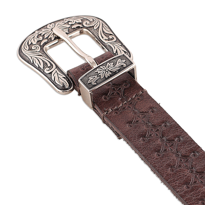 Leather and brass belt, 'Chocolate & Classic' - Classic Star-Themed Chocolate Leather Belt with Brass Buckle