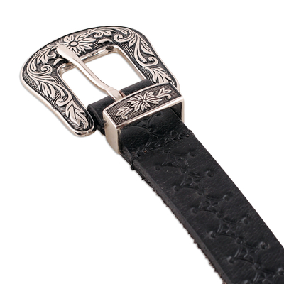 Leather and brass belt, 'Onyx & Classic' - Classic Star-Themed Onyx Leather Belt with Brass Buckle