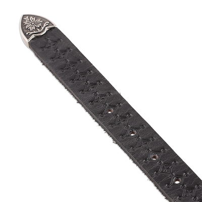 Gürtel aus Leder und Messing, 'Onyx - Klassischer Onyx-Ledergürtel mit Sternmotiv und Messingschnalle