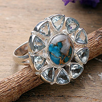 Blue topaz cocktail ring, 'Ethereal Sun' - Blue Topaz and Composite Turquoise Cocktail Ring from India