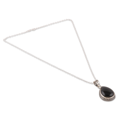Halskette mit Onyx-Anhänger, 'Moonlit Brilliance' (Mondschein) - Sterling Silber Anhänger Halskette mit schwarzem Onyx Stein