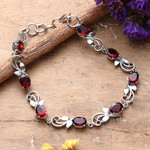 Garnet link bracelet, 'Scarlet Shimmer' - Rhodium-Plated and Eight-Carat Natural Garnet Link Bracelet