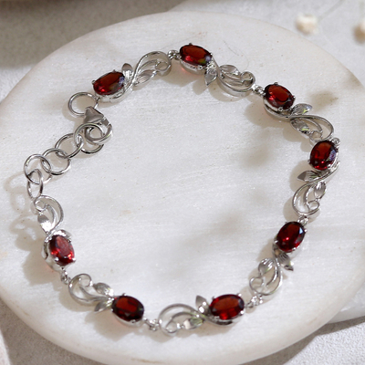 Garnet link bracelet, 'Scarlet Shimmer' - Rhodium-Plated and Eight-Carat Natural Garnet Link Bracelet
